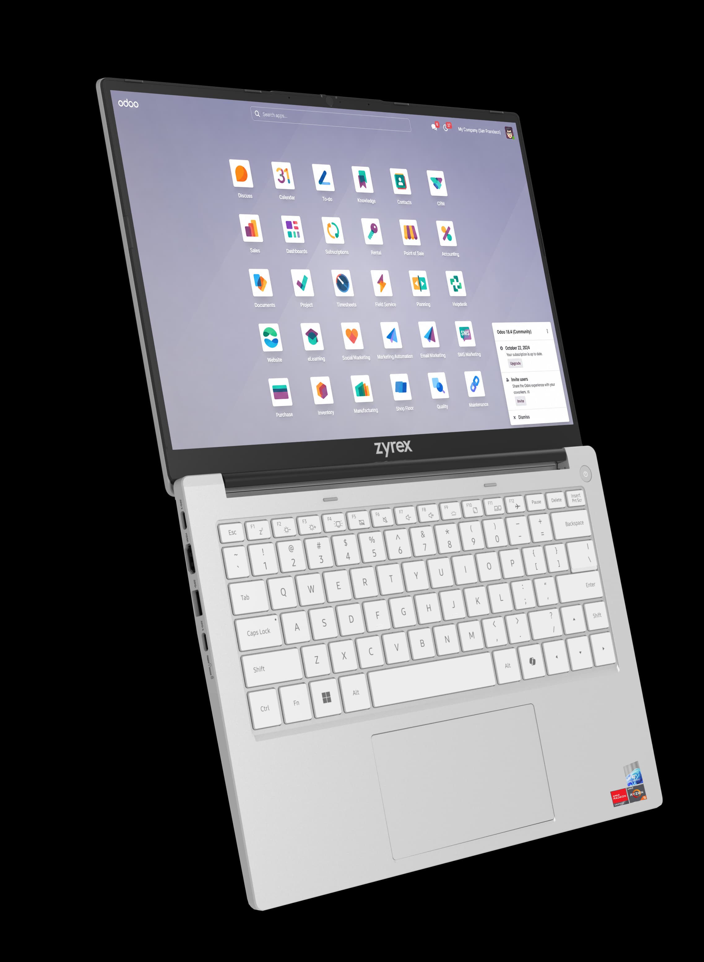 Zyrex laptop displaying an Odoo business dashboard